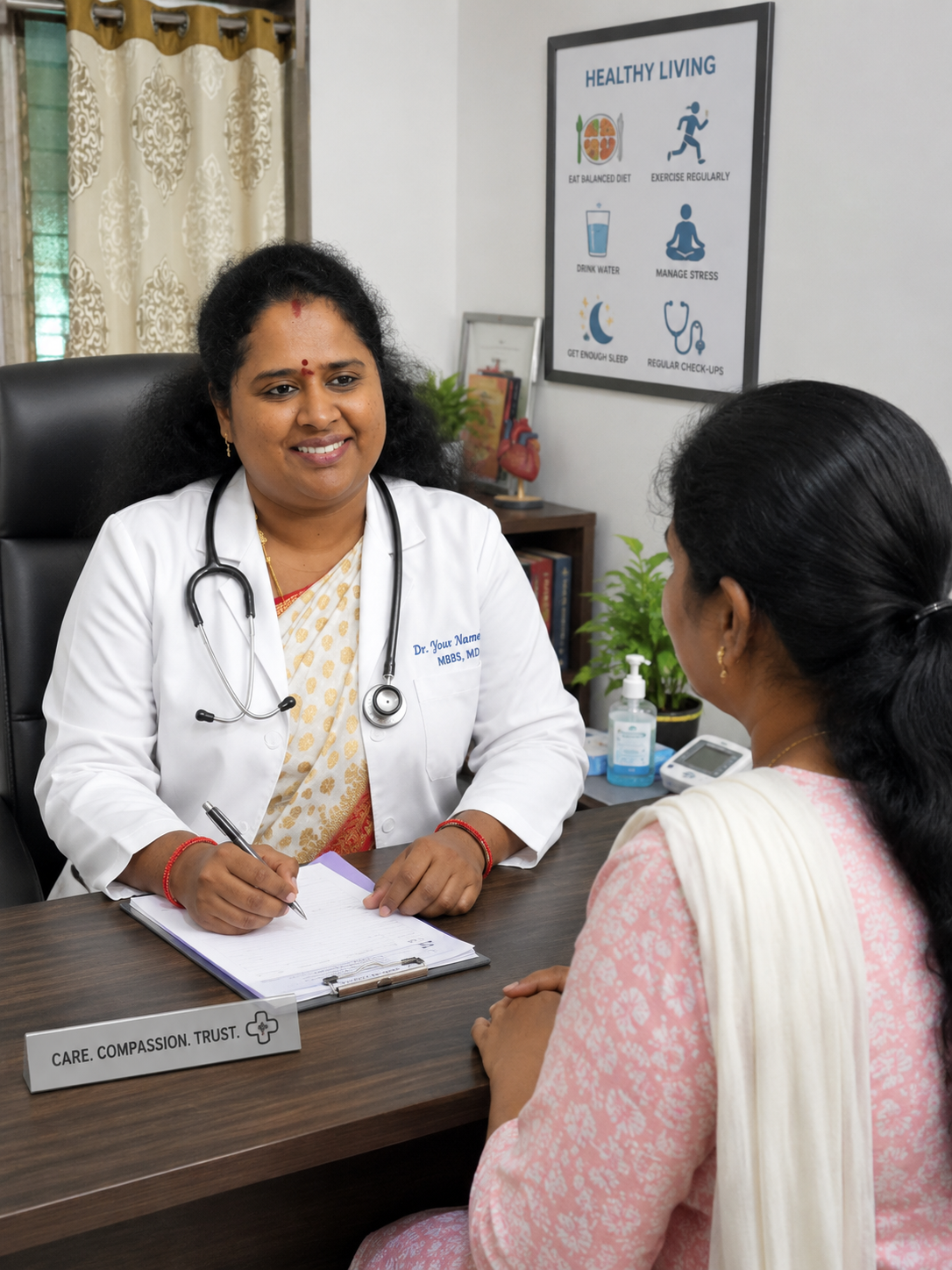 Dr. R. Rathika consulting with a patient at Aarohi Women's Care Clinic in Thiruverkadu
